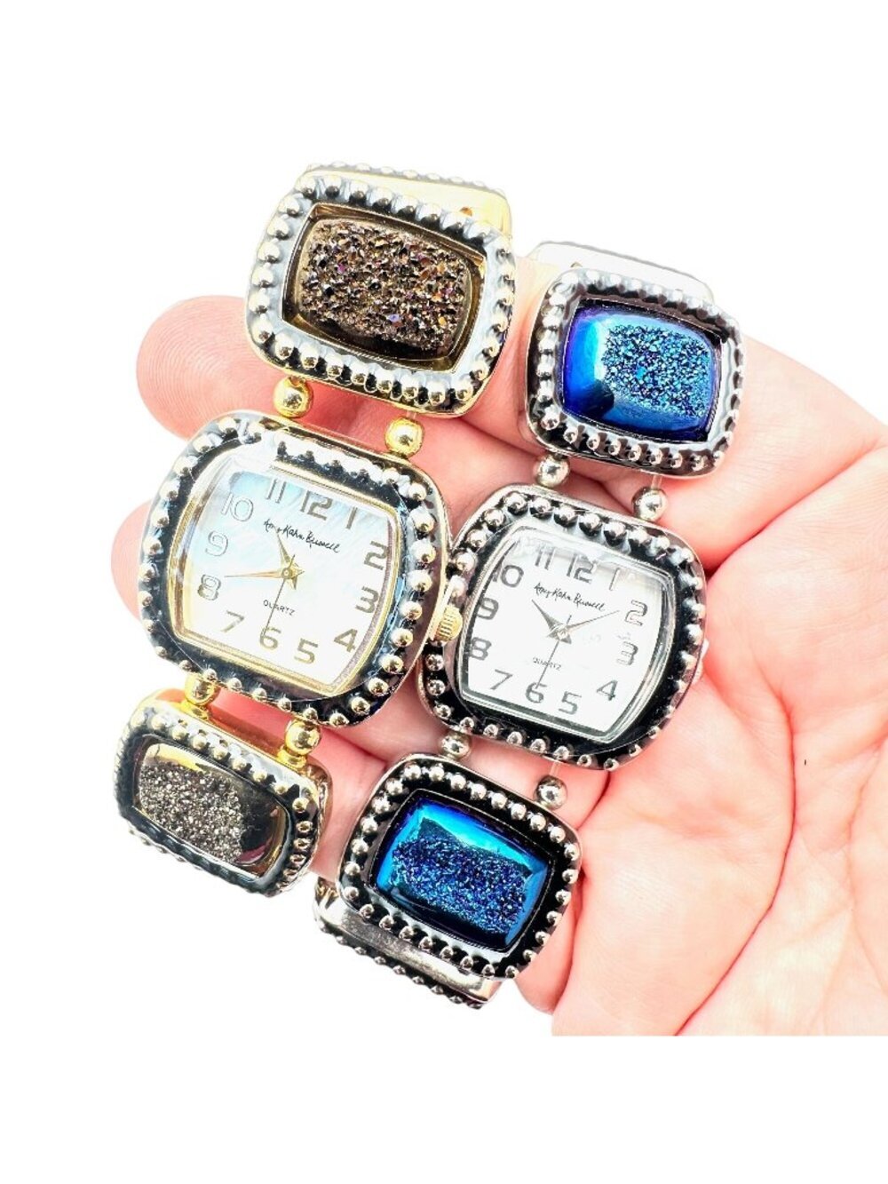 Amy Kahn Russell Womens Stretch Bracelet Watch Silver & Gold Tone Druzy Quartz